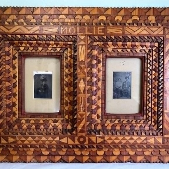 Antique Tramp Art Double Picture Frame Handmade Folk Art Cigar Boxes 28.5" Rusti - Picture 3 of 15